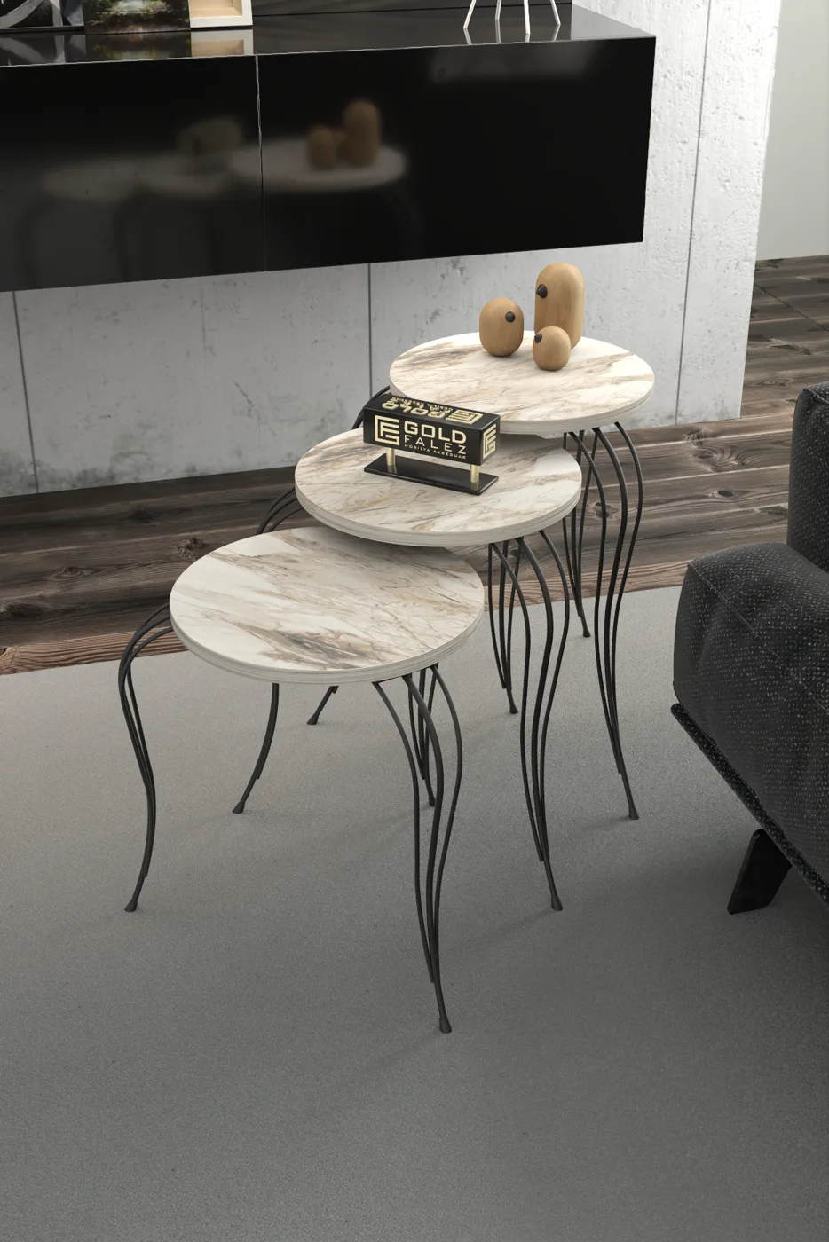 Lukens 3-Piece Round Nesting Table Set Metal Legs - White Marble Effect