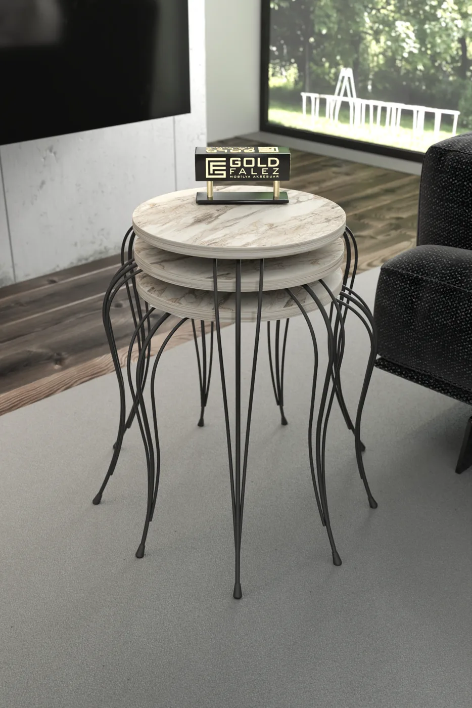 Lukens 3-Piece Round Nesting Table Set Metal Legs - White Marble Effect