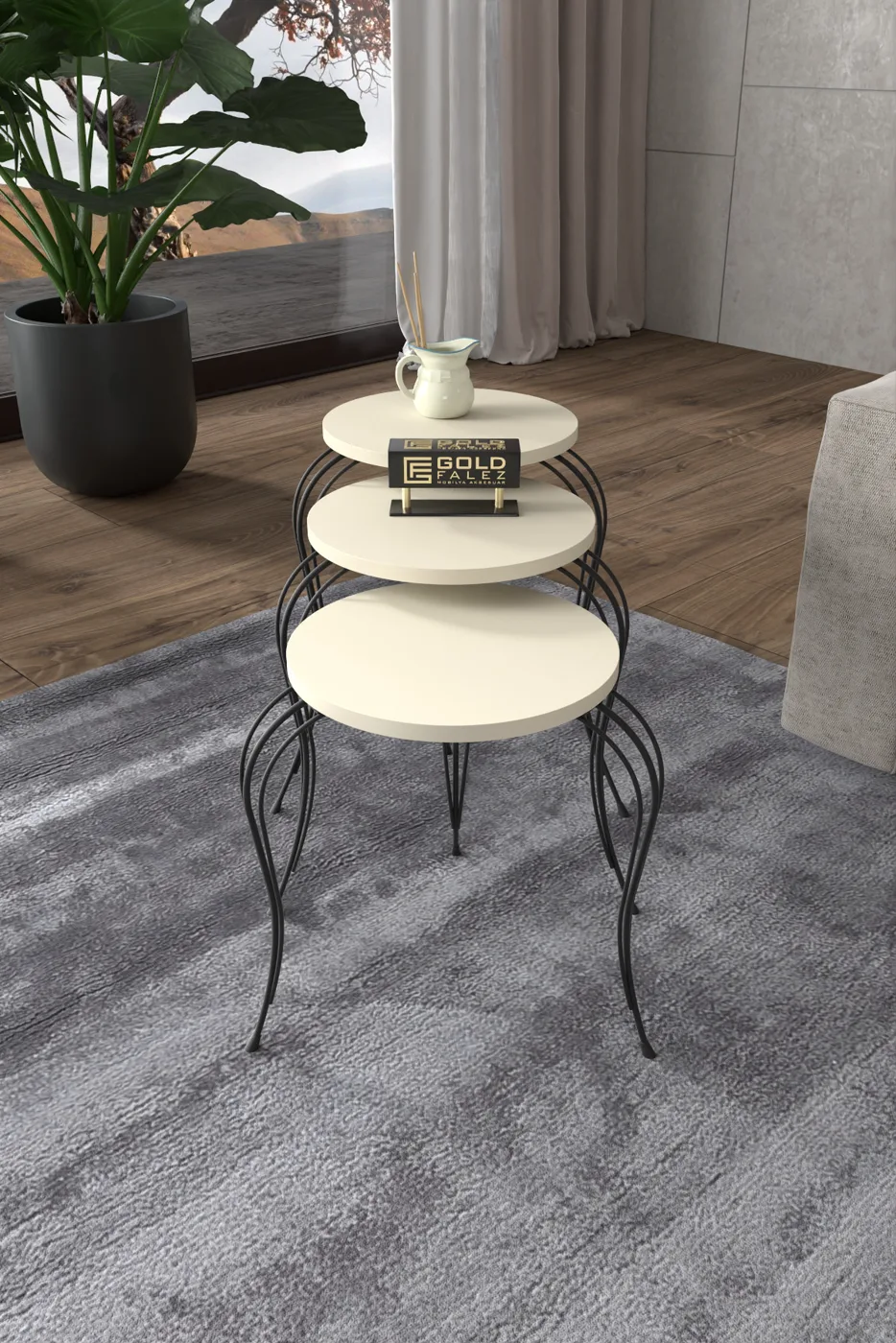 Lukens 3-Piece Round Nesting Table Set Metal Legs - Cream