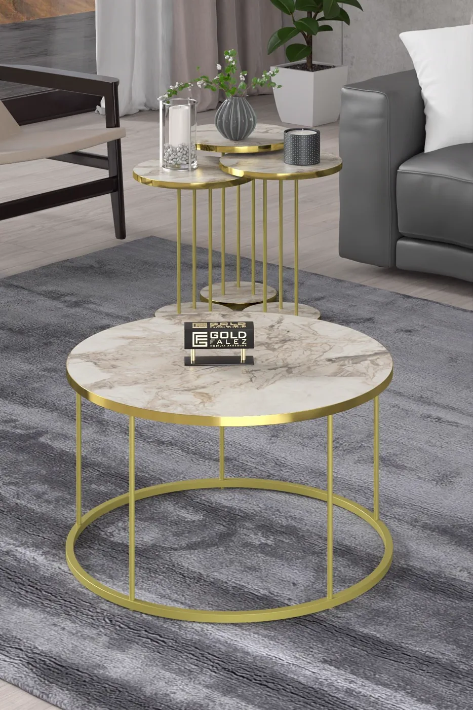 Terra Gold Round Coffee & Nesting Table Set - Gold White Marble