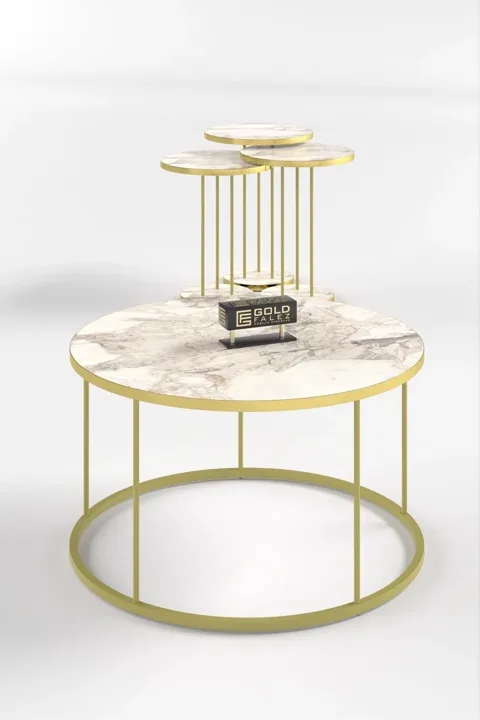 Terra Gold Round Coffee & Nesting Table Set - Gold White Marble