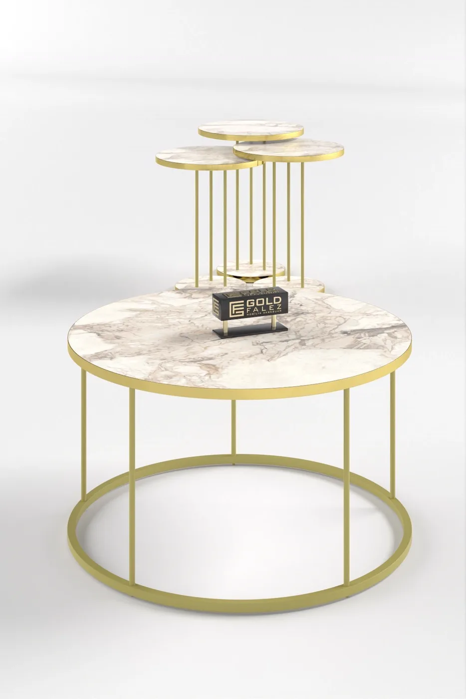 Terra Gold Round Coffee & Nesting Table Set - Gold White Marble