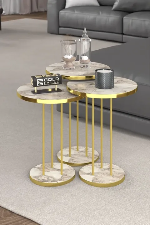 Terra Gold Round Coffee & Nesting Table Set - Gold White Marble