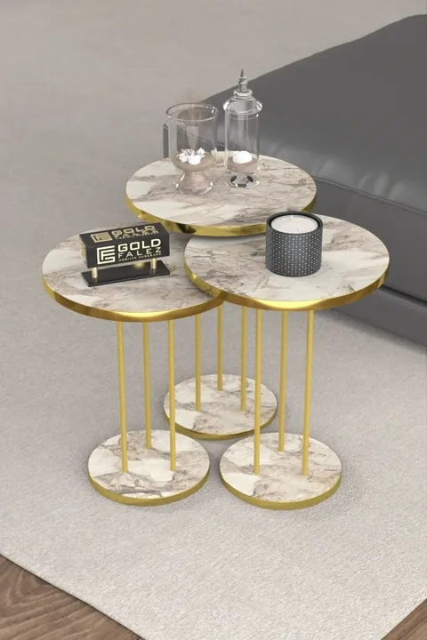 Terra Gold Round Coffee & Nesting Table Set - Gold White Marble