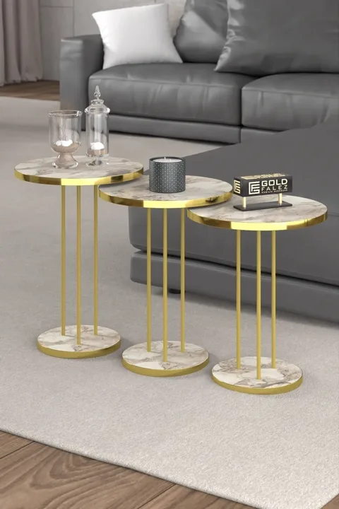 Terra Gold Round Coffee & Nesting Table Set - Gold White Marble