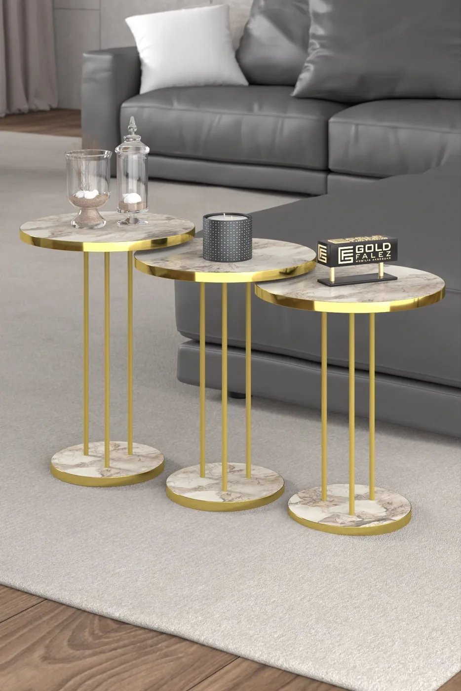 Terra Gold Round Coffee & Nesting Table Set - Gold White Marble