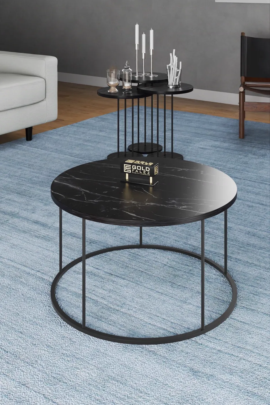Terra Round Coffee & Nesting Table Set Black Metal Legs - Bendir