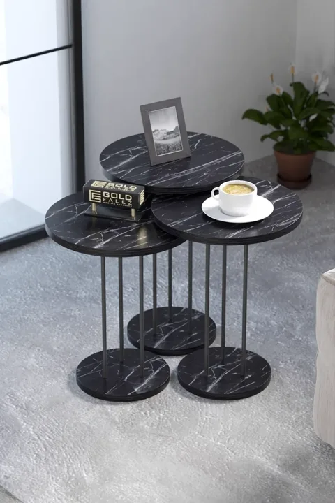Terra Round Coffee & Nesting Table Set Black Metal Legs - Bendir