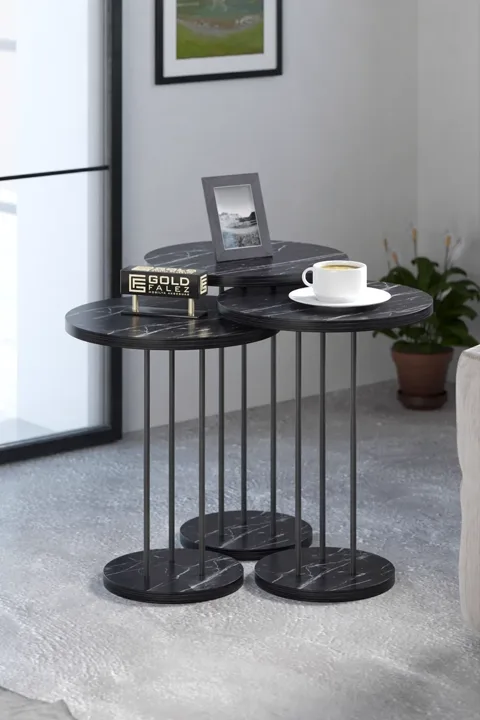 Terra Round Coffee & Nesting Table Set Black Metal Legs - Bendir