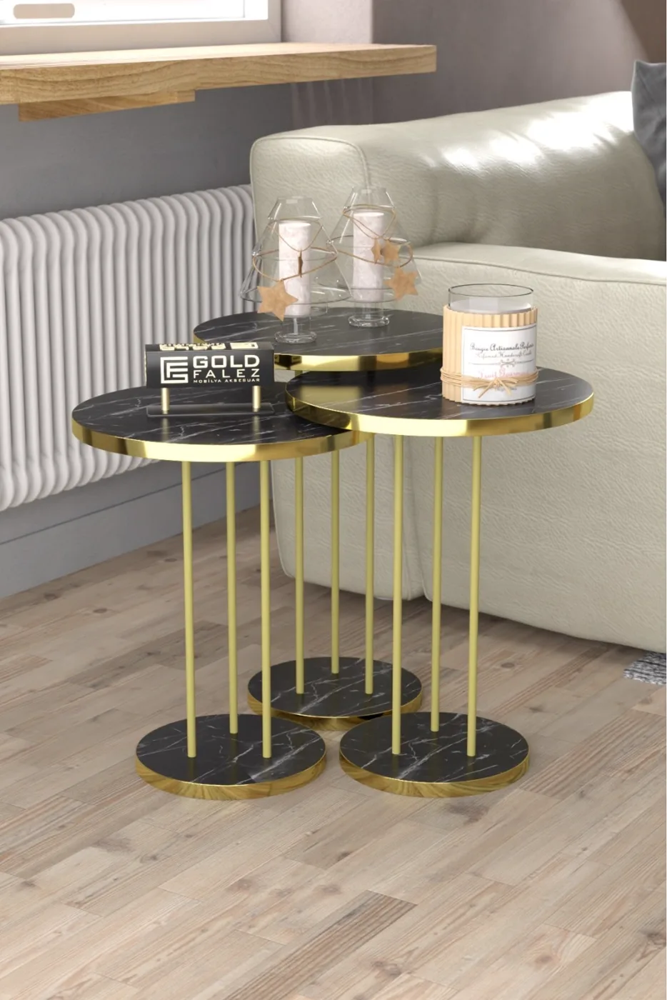 Round Nesting Table Set Metal Legs - Gold Bendir