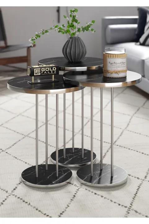Round Nesting Table Set Metal Legs - Silver Bendir