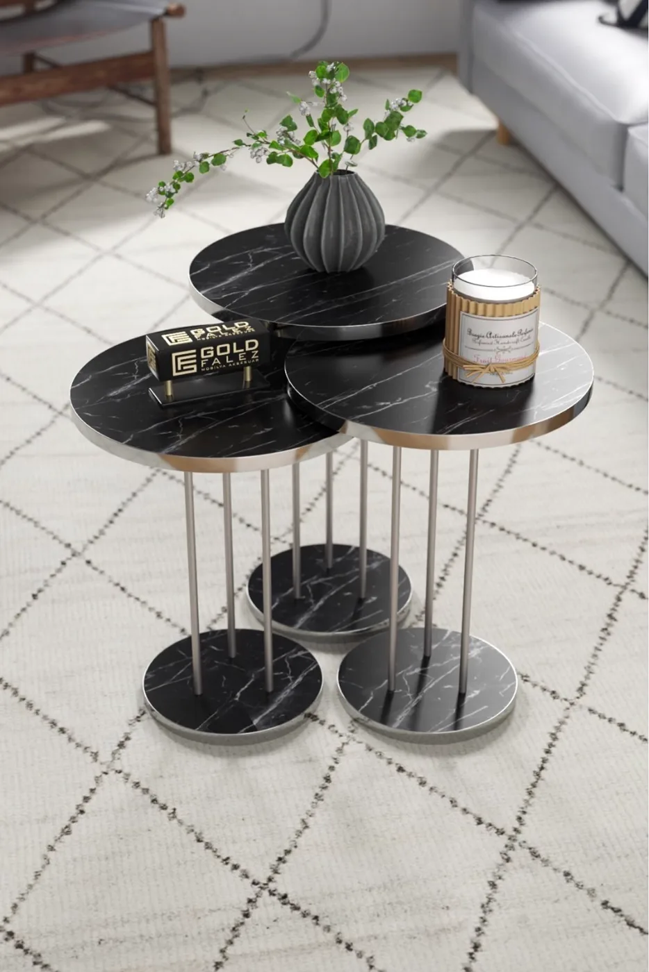 Round Nesting Table Set Metal Legs - Silver Bendir