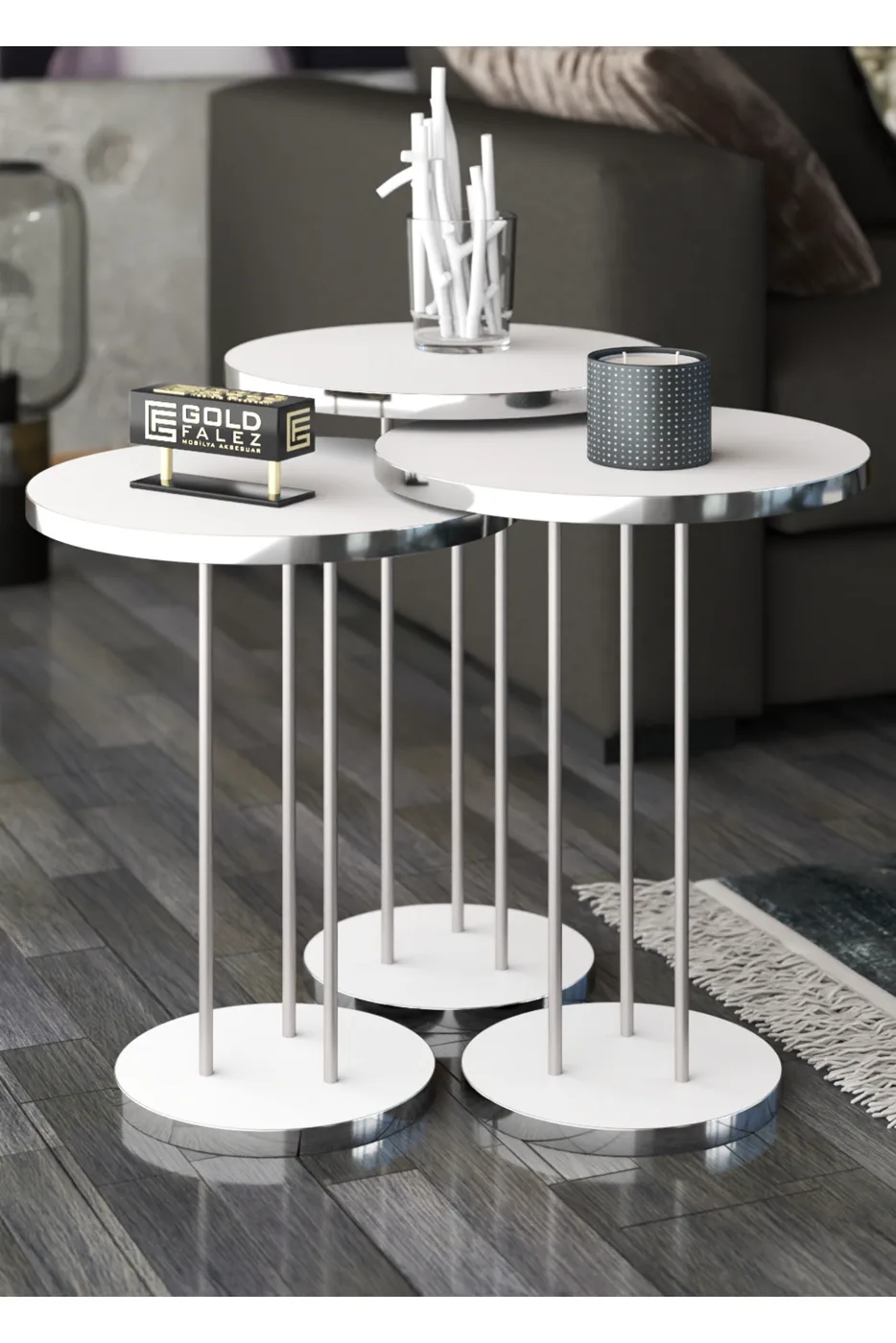 Round Nesting Table Set Metal Legs - Silver White