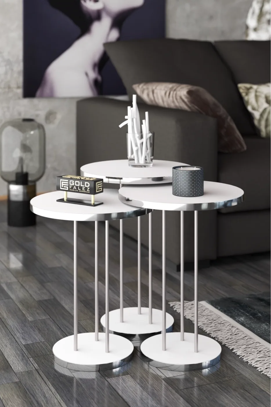 Round Nesting Table Set Metal Legs - Silver White