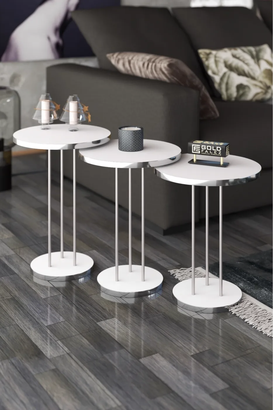 Round Nesting Table Set Metal Legs - Silver White