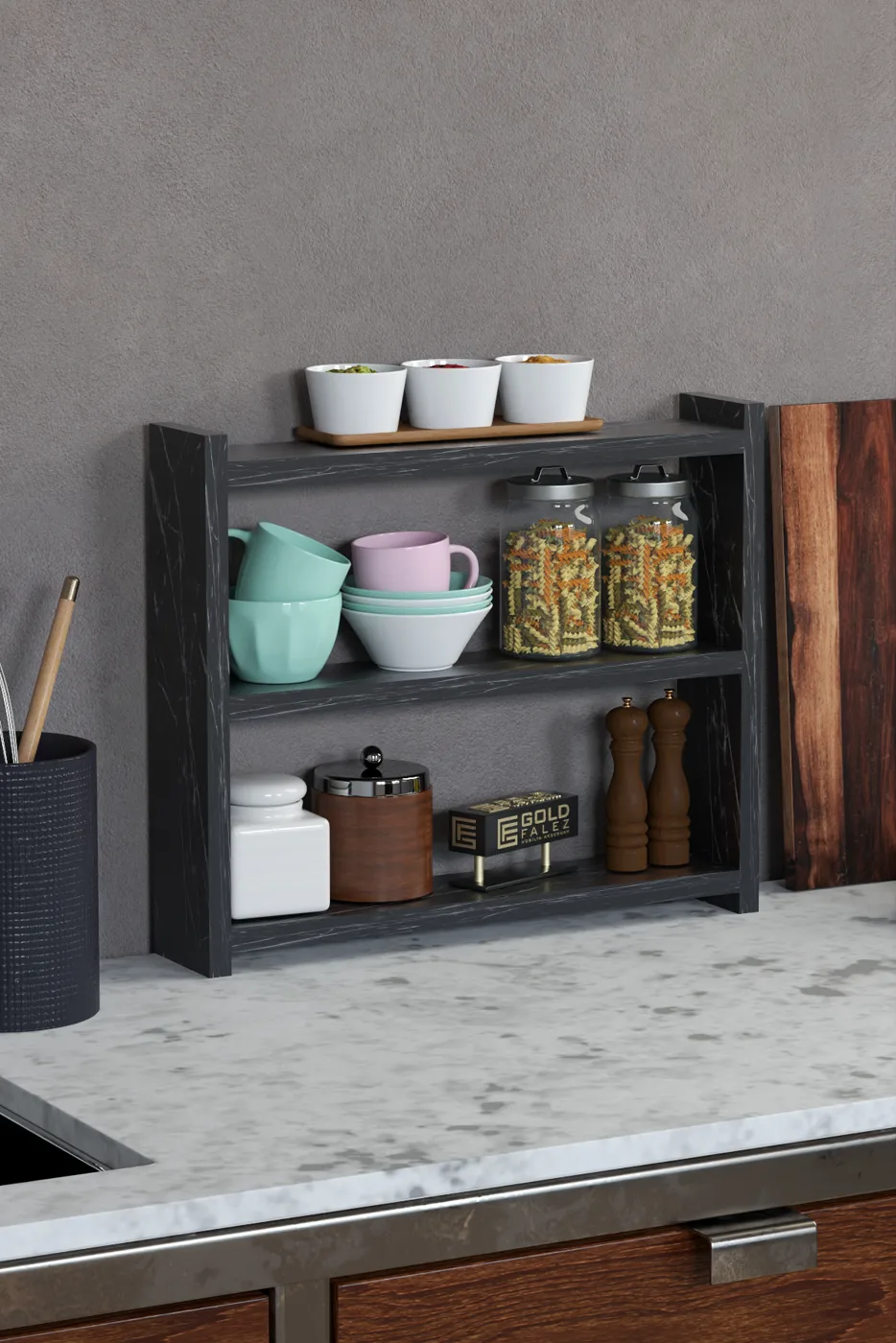 3-Shelf Countertop Kitchen & Bathroom Organiser - Black Marble Effect