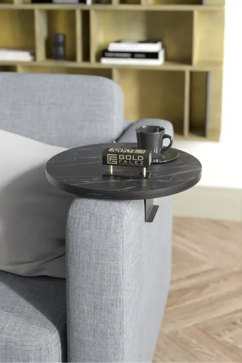 Adjustable Metal Leg Round Tray Side Table - Black Marble Effect