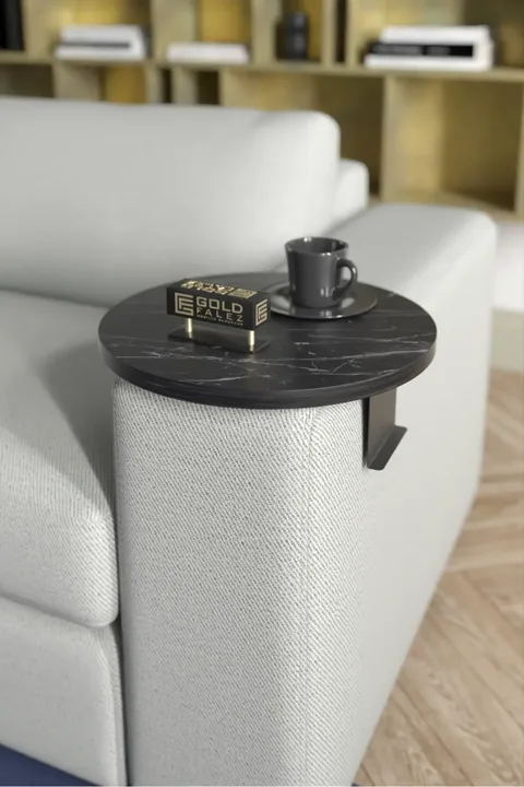 Adjustable Metal Leg Round Tray Side Table - Black Marble Effect