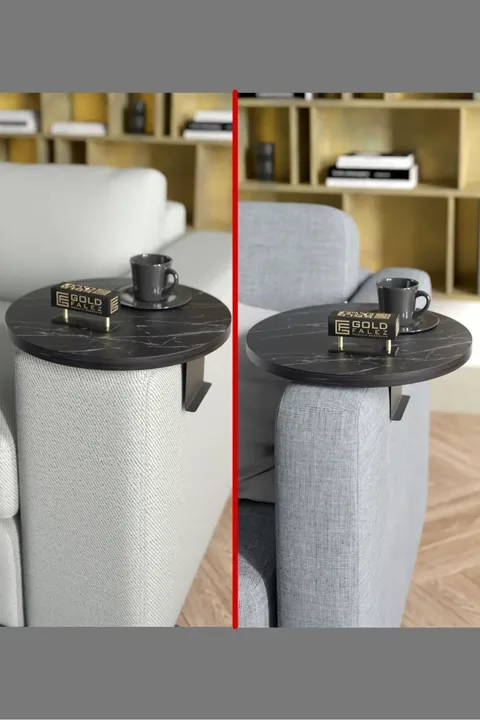 Adjustable Metal Leg Round Tray Side Table - Black Marble Effect