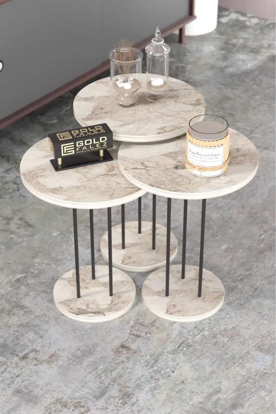 Terra 3-Piece Round Nesting Table Set - White Marble Effect
