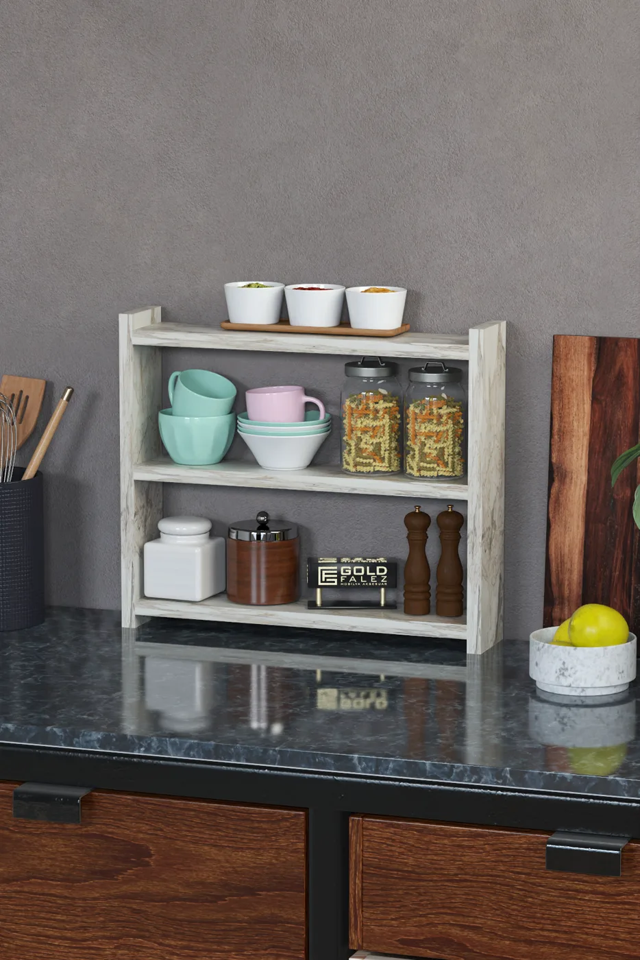 3-Shelf Countertop Kitchen & Bathroom Organiser - White Marble Effect