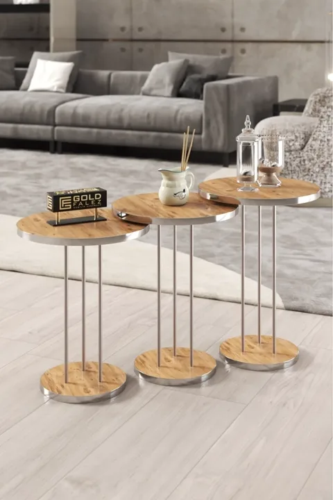 Round Nesting Table Set Metal Legs - Silver Walnut