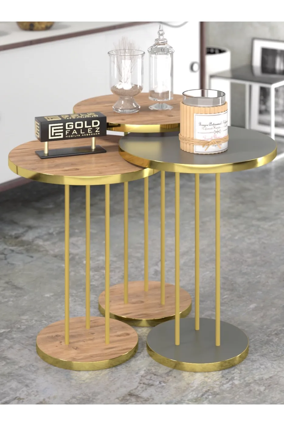 Round Nesting Table Set Metal Legs - Gordion Walnut