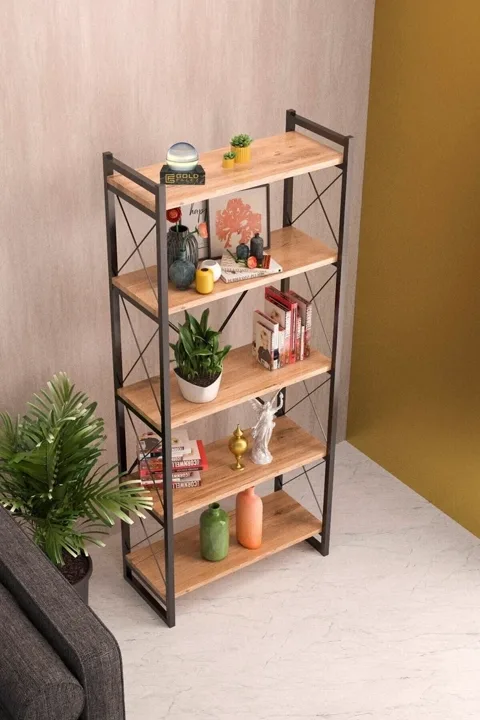 Ilkal 5-Shelf Metal Bookcase - Walnut