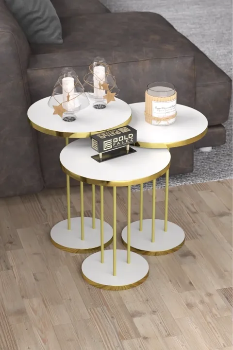 Round Nesting Table Set Metal Legs - Gold White