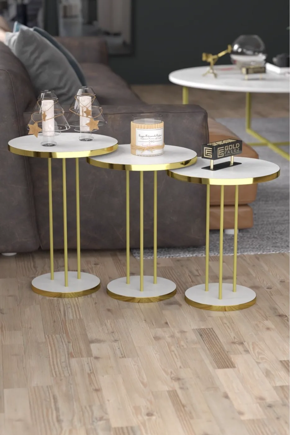Round Nesting Table Set Metal Legs - Gold White