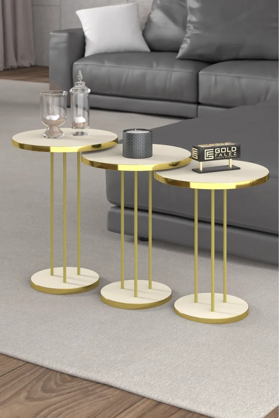 Round Nesting Table Set Metal Legs - Gold Cream