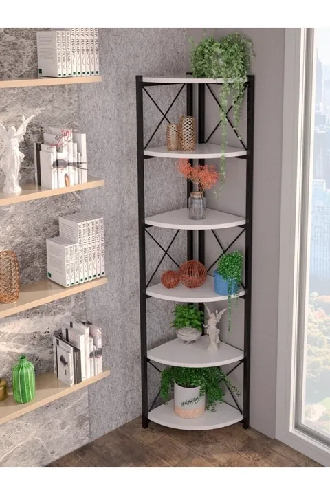 6-Shelf Corner Bookcase & Planter Stand - White