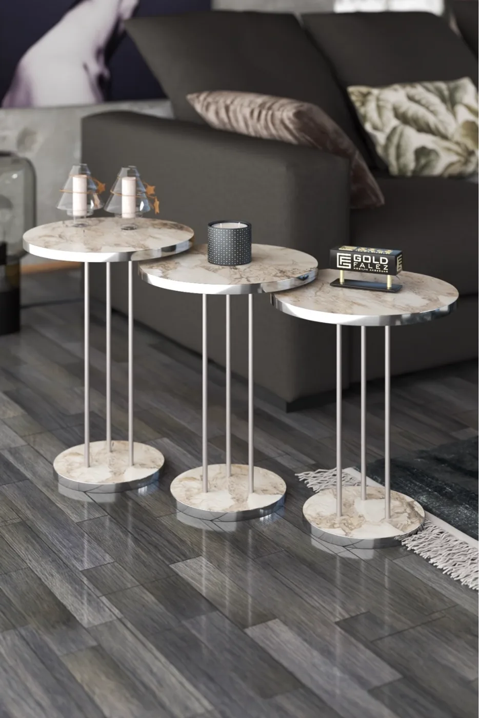 Round Nesting Table Set Metal Legs - Silver Efes