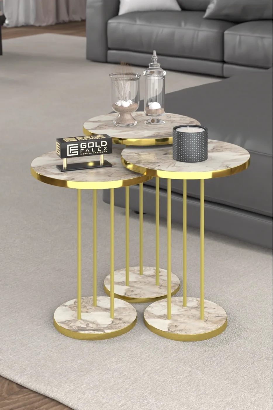 Round Nesting Table Set Metal Legs - Gold Efes