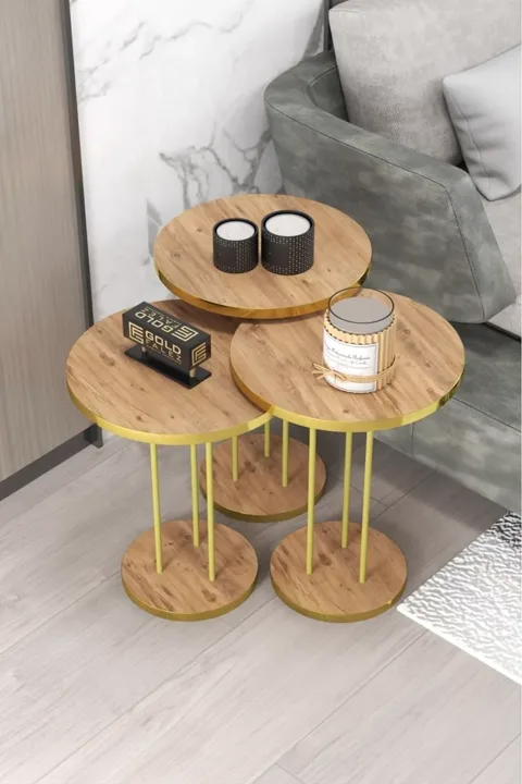 Round Nesting Table Set Metal Legs - Gold Walnut