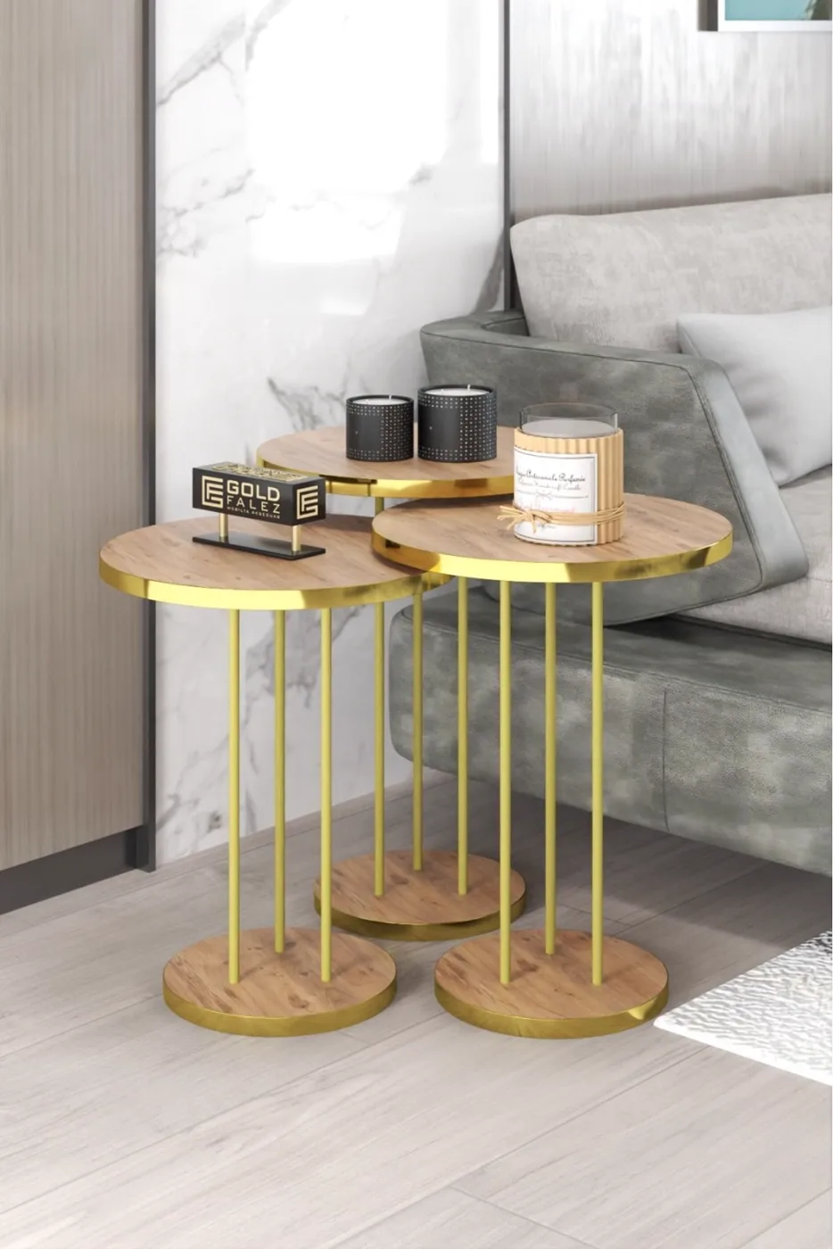 Round Nesting Table Set Metal Legs - Gold Walnut