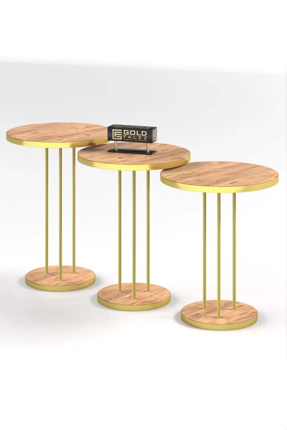 Round Nesting Table Set Metal Legs - Gold Walnut
