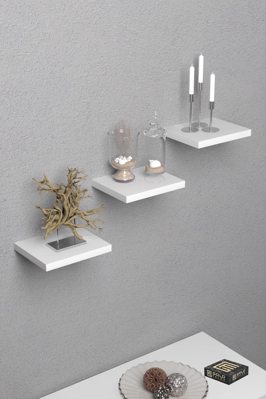 Ilkal 3-Piece Square Wall Shelf Bookcase - White