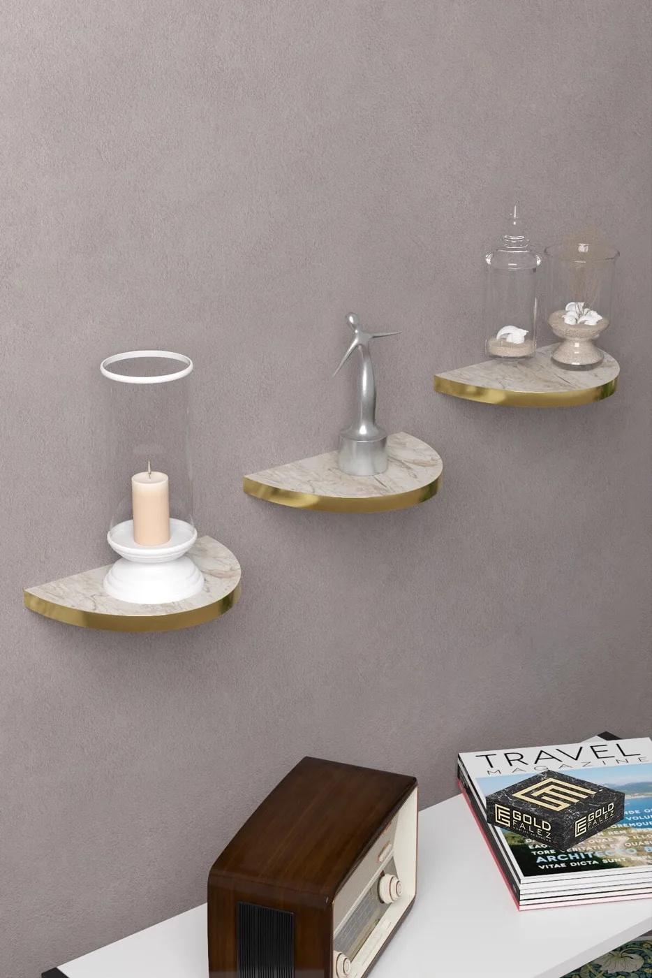Ilkal 3-Piece Oval Wall Shelf Bookcase - Gold Efes