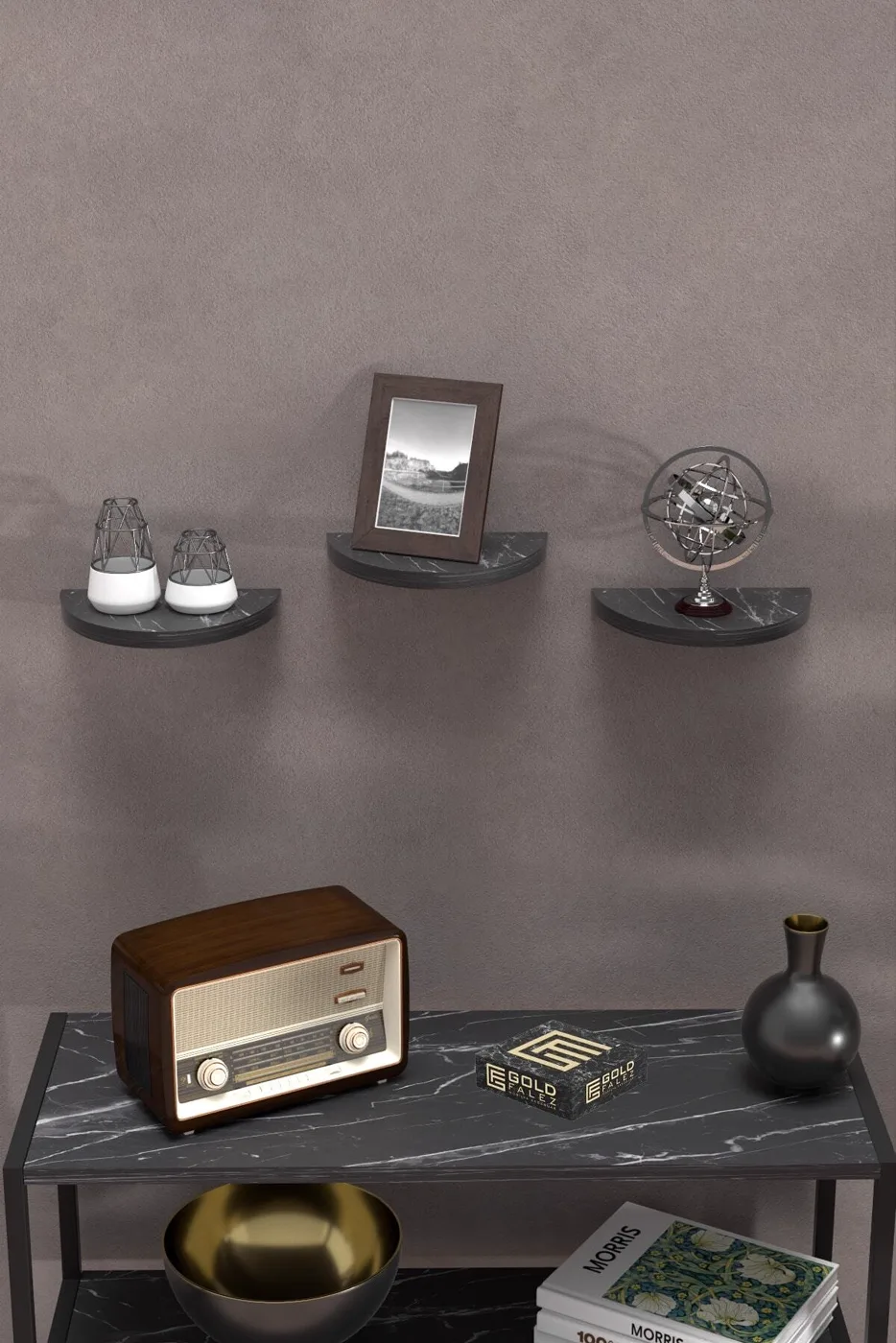 Ilkal 3-Piece Oval Wall Shelf Bookcase - Black Marble Effect