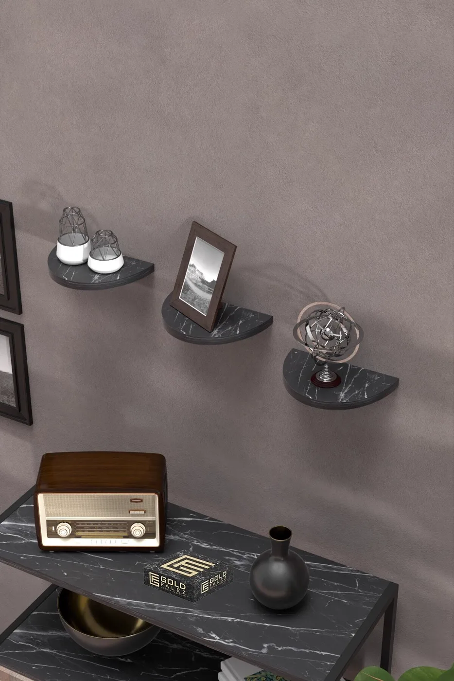 Ilkal 3-Piece Oval Wall Shelf Bookcase - Black Marble Effect