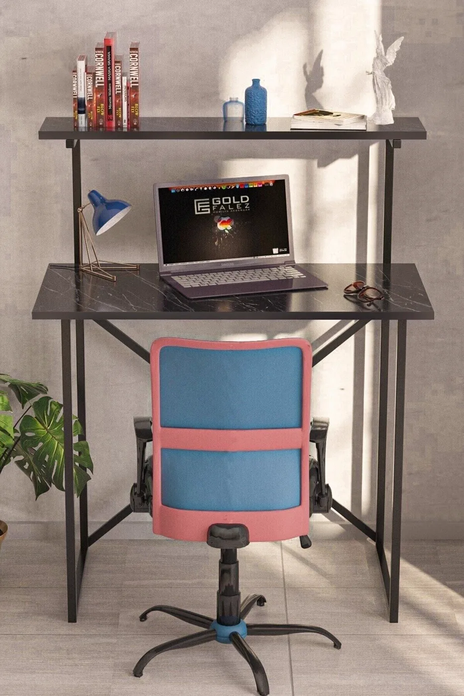 Bureau polyvalent avec étagère frontale - noir