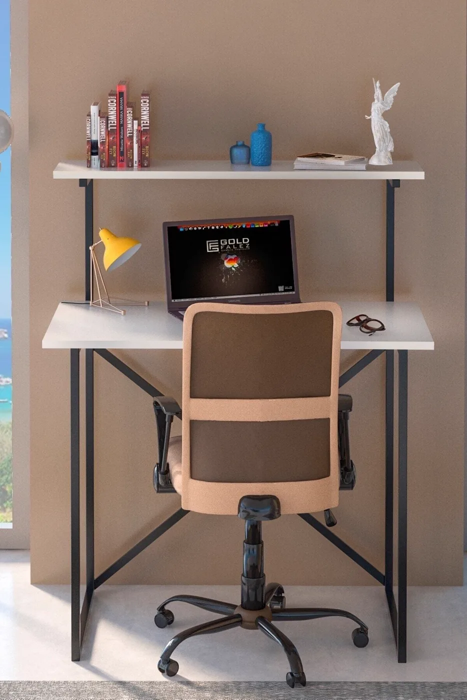 Bureau polyvalent avec étagère frontale - blanc