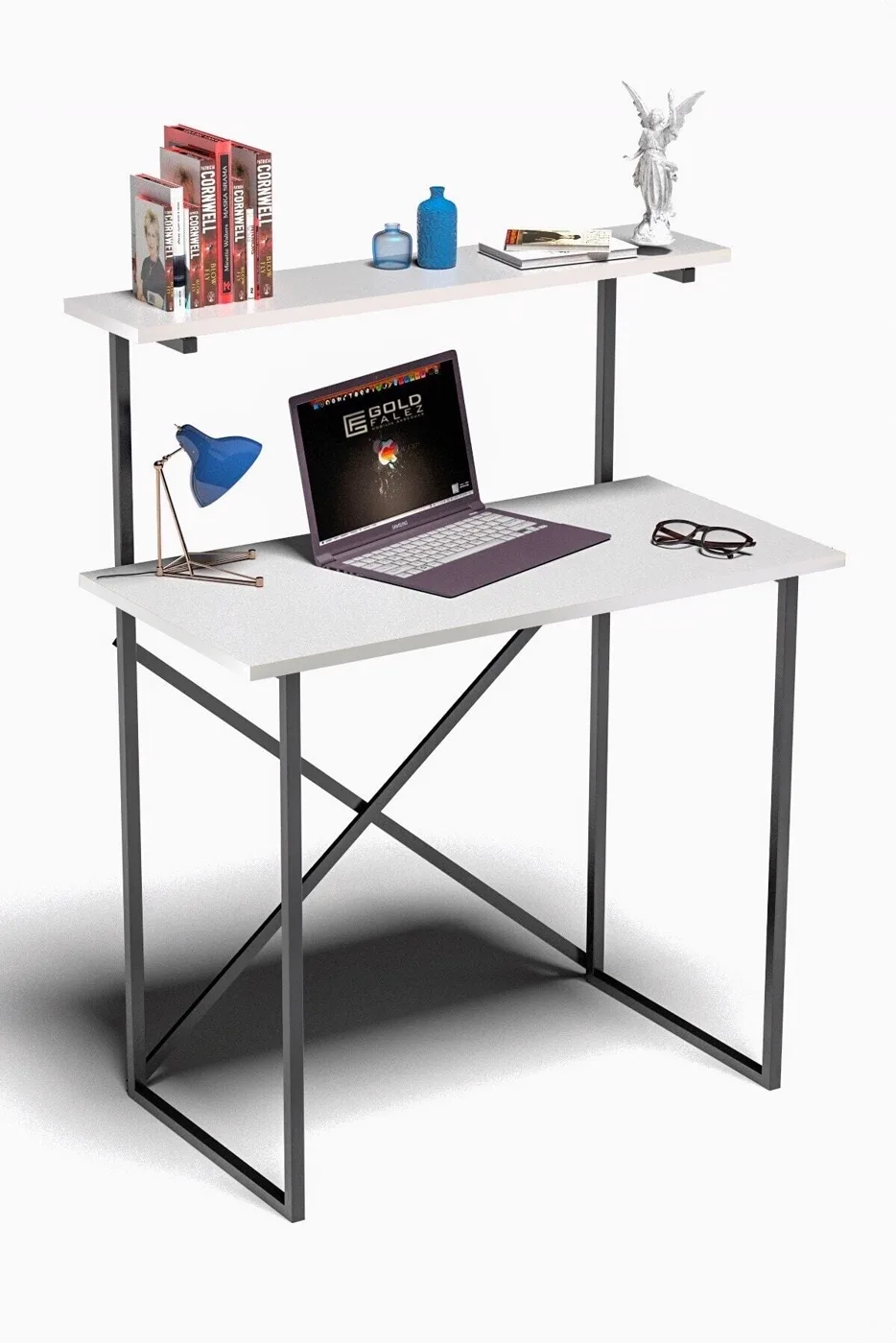 Bureau polyvalent avec étagère frontale - blanc