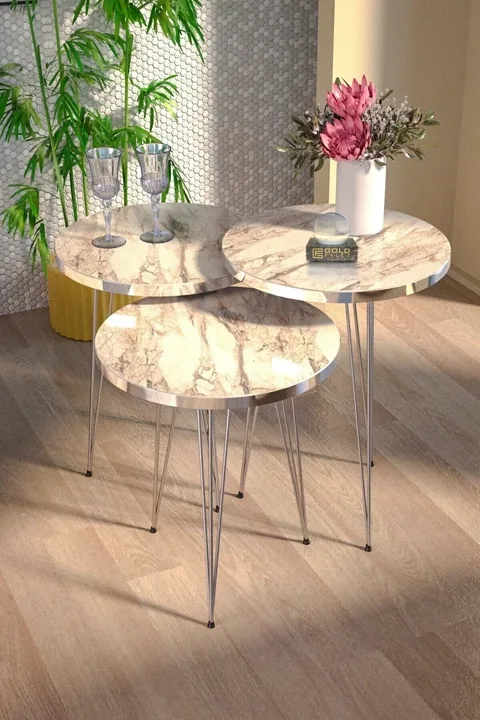 Ensemble de tables gigognes rondes pieds en fil doré - effet marbre blanc
