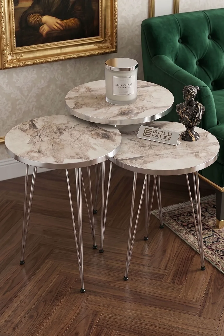 Round Nesting Table Set Gold Wire Legs - White Marble Effect