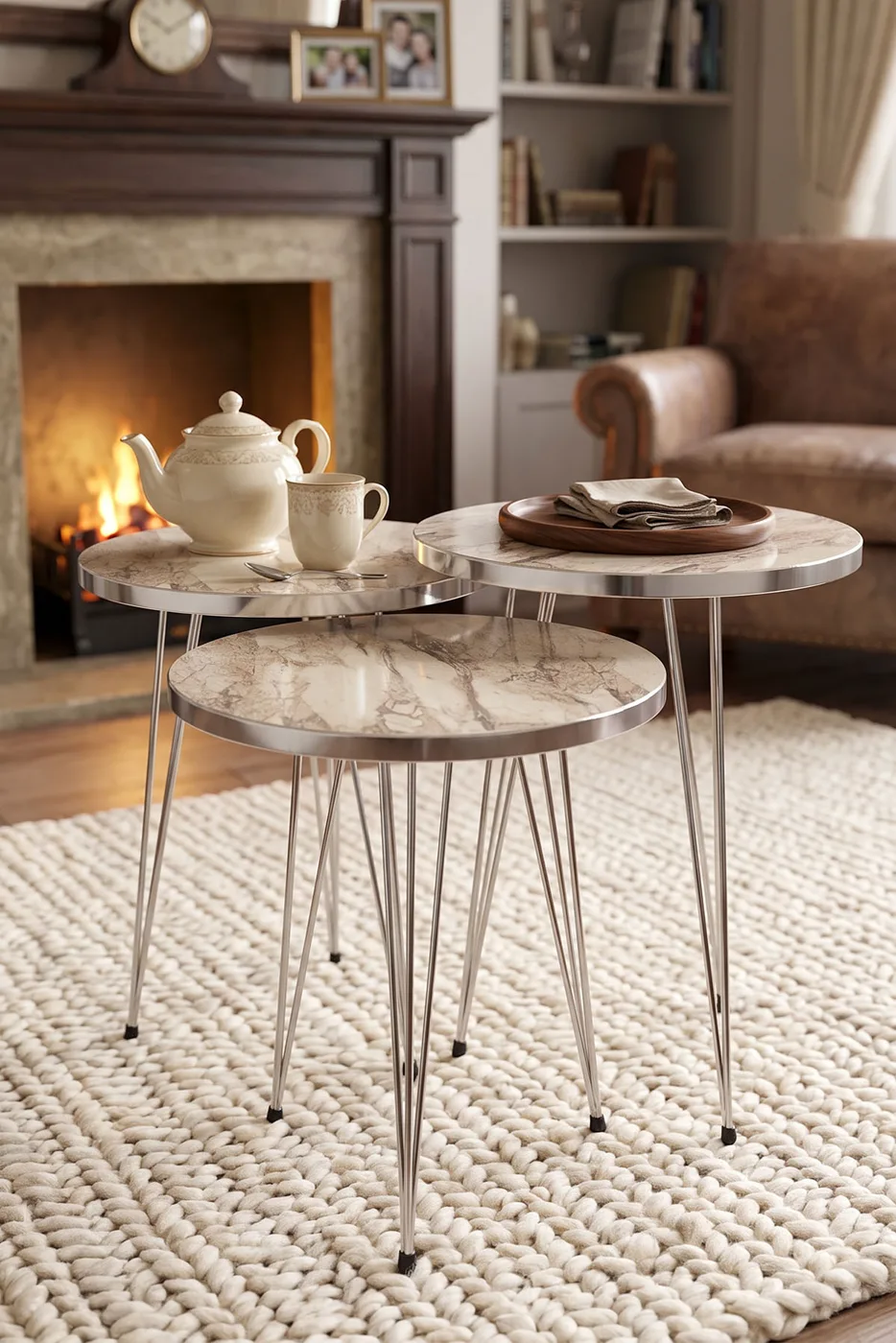 Round Nesting Table Set Gold Wire Legs - White Marble Effect