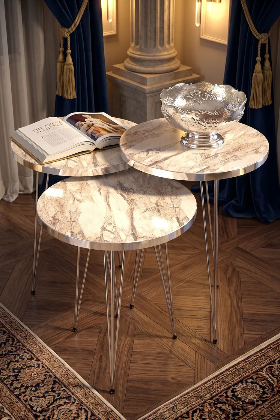 Round Nesting Table Set Gold Wire Legs - White Marble Effect