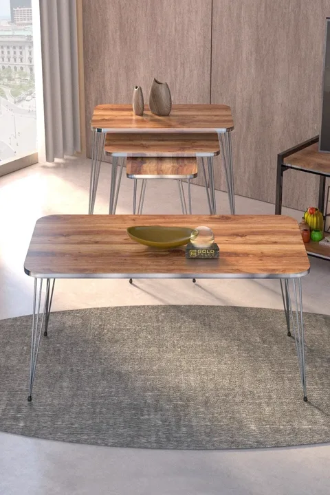Rectangular 4-Piece Table Set Gold Wire Legs - Walnut