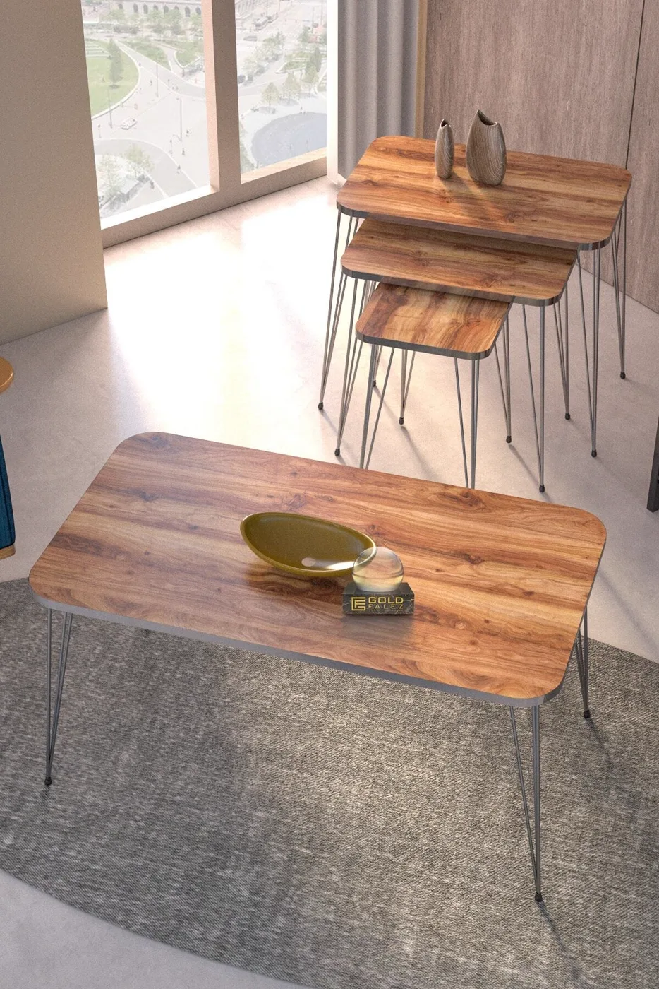 Rectangular 4-Piece Table Set Gold Wire Legs - Walnut